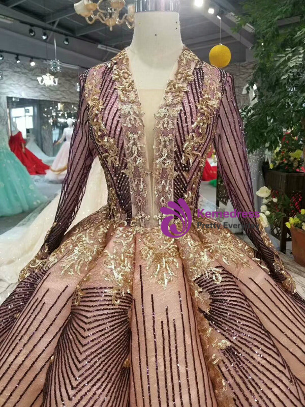 Pink Purple Sequins Deep V-neck Long Sleeve Floor Length Wedding Dress