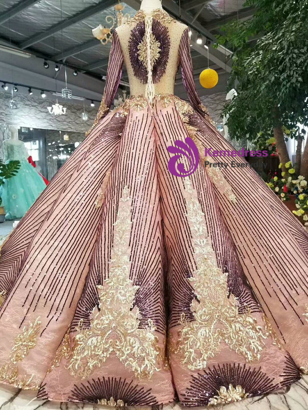 Pink Purple Sequins Deep V-neck Long Sleeve Floor Length Wedding Dress