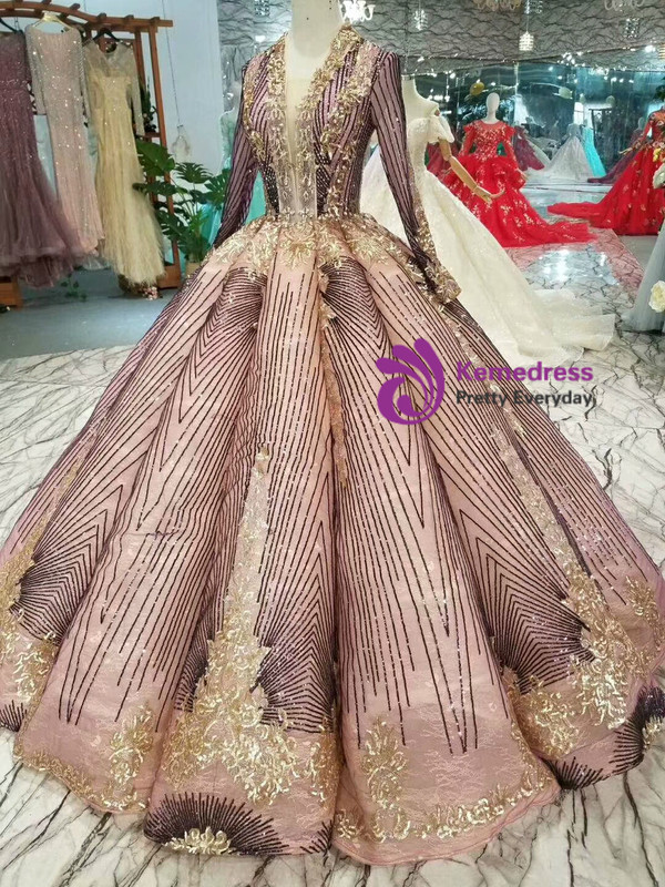 Pink Purple Sequins Deep V-neck Long Sleeve Floor Length Wedding Dress