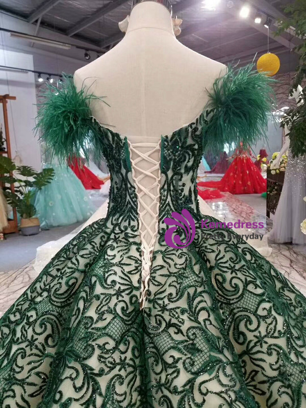 Dark Green Ball Gown Sequins Off The Shoulder Wedding Dress With Feather