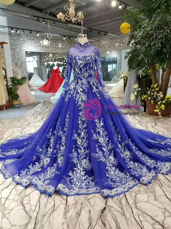 Royal Blue Hig h Neck Long Sleeve Tulle Embroidery Wedding Dress
