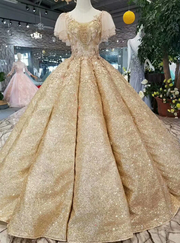 Gold Ball Gown Sequins Butterfly Sleeve Backless Wedding Dress With Beading