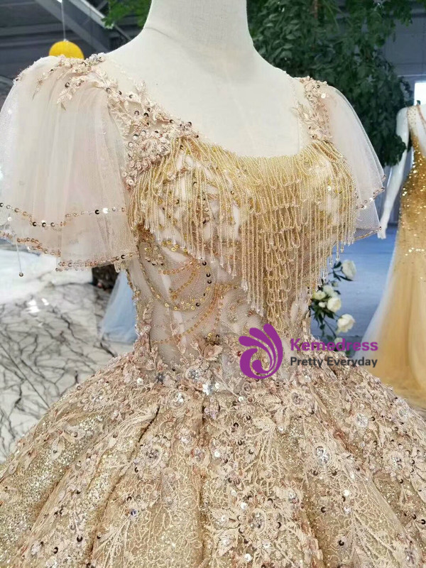 Gold Ball Gown Sequins Butterfly Sleeve Backless Wedding Dress With Beading