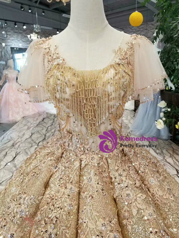 Gold Ball Gown Sequins Butterfly Sleeve Backless Wedding Dress With Beading
