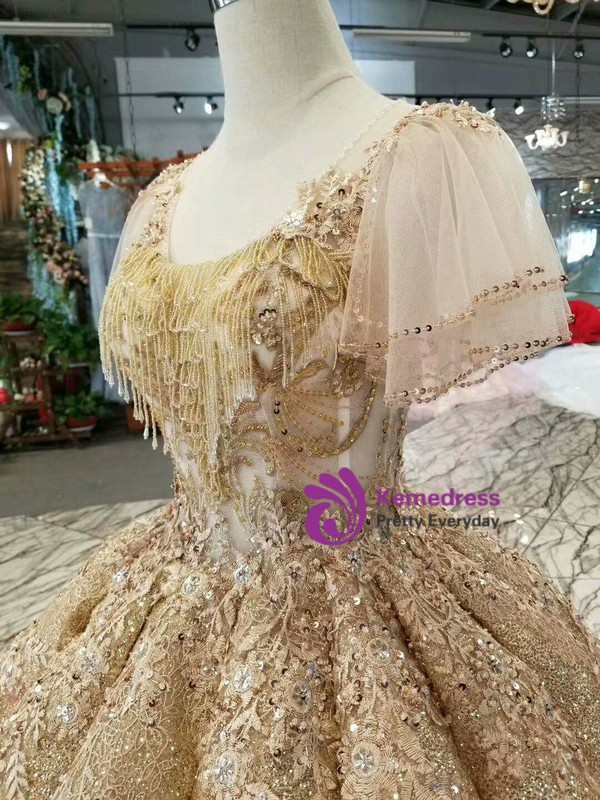 Gold Ball Gown Sequins Butterfly Sleeve Backless Wedding Dress With Beading