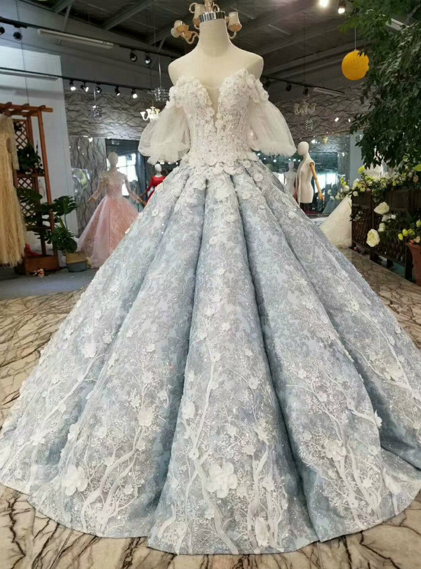 Blue Ball Gown Sequins Off The Shoulder Appliques Wedding Dress