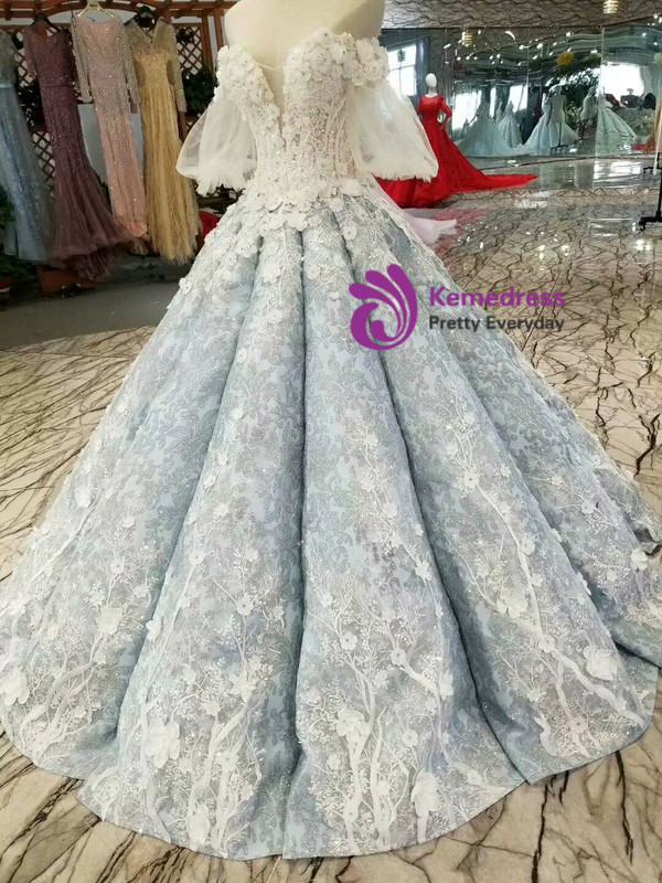 Blue Ball Gown Sequins Off The Shoulder Appliques Wedding Dress