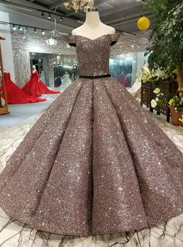 Coffee Color Ball Gown Sequins Bling Bling Off The Shoulder Wedding Dress