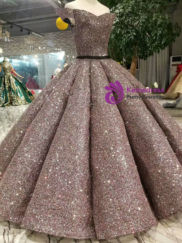 Coffee Color Ball Gown Sequins Bling Bling Off The Shoulder Wedding Dress