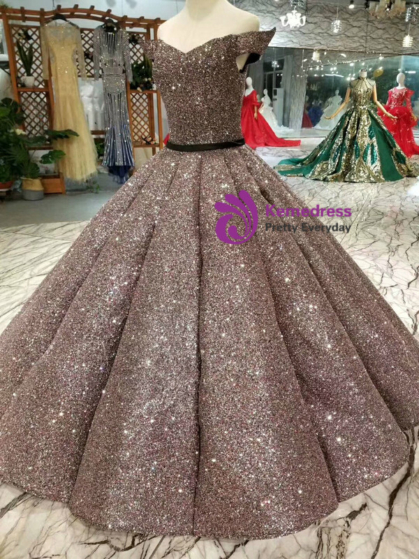 Coffee Color Ball Gown Sequins Bling Bling Off The Shoulder Wedding Dress
