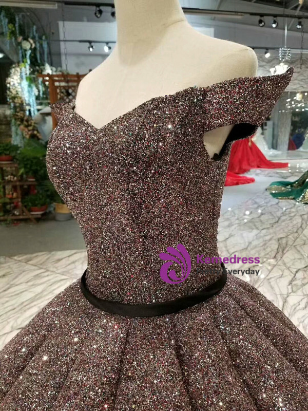 Coffee Color Ball Gown Sequins Bling Bling Off The Shoulder Wedding Dress