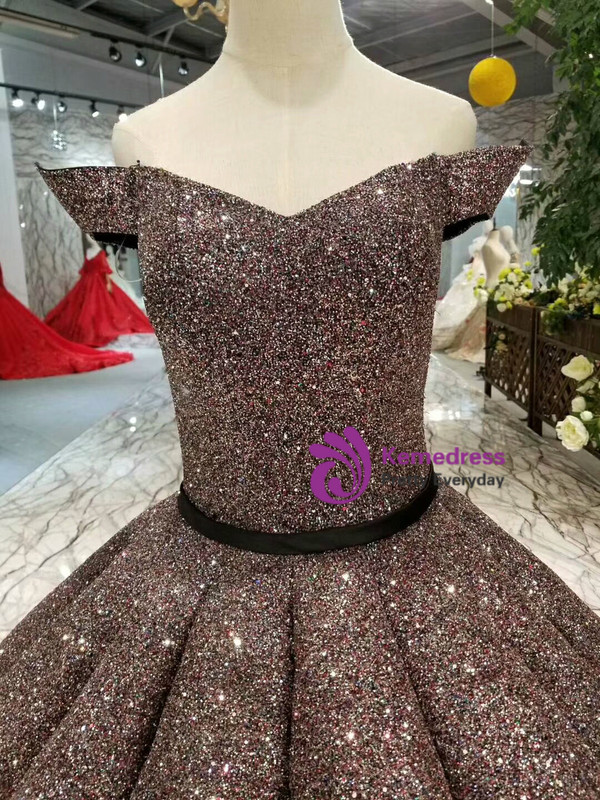 Coffee Color Ball Gown Sequins Bling Bling Off The Shoulder Wedding Dress