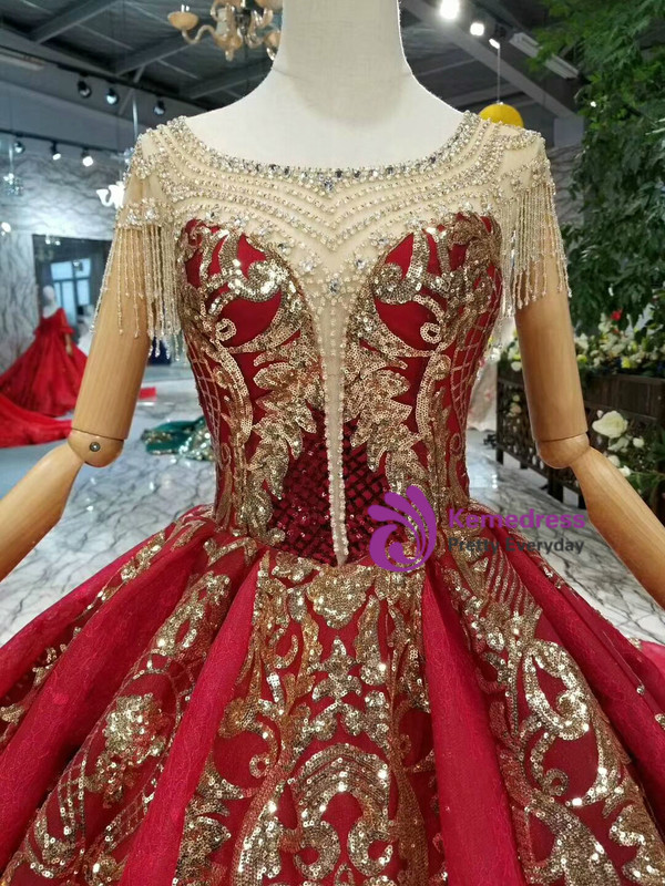 Red Ball Gown Sequins Bateau Neck Cap Sleeve Backless Haute Couture Wedding Dresses
