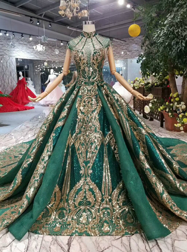 Green Ball Gown Bling Bling Sequins High Neck Backless Wedding Dress