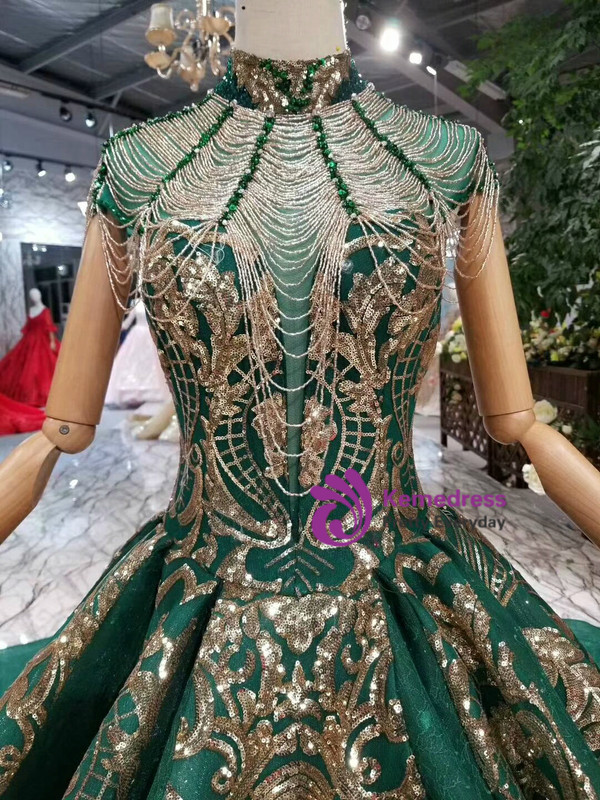 Green Ball Gown Bling Bling Sequins High Neck Backless Wedding Dress