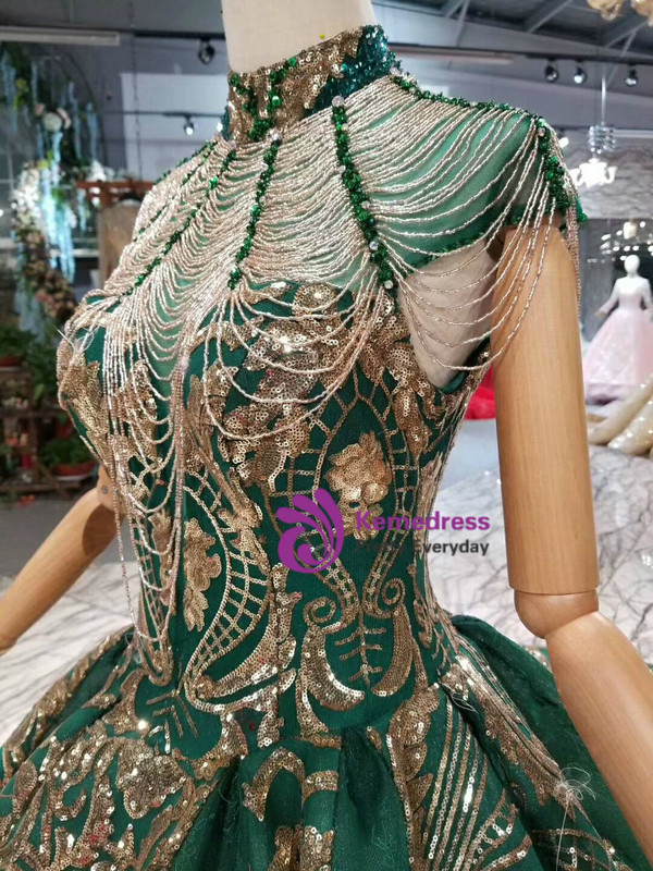 Green Ball Gown Bling Bling Sequins High Neck Backless Wedding Dress