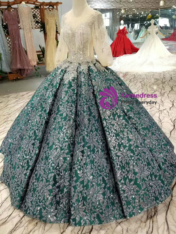 Green Ball Gown Sequins Appliques Puff Sleeve Wedding Dress With Beading