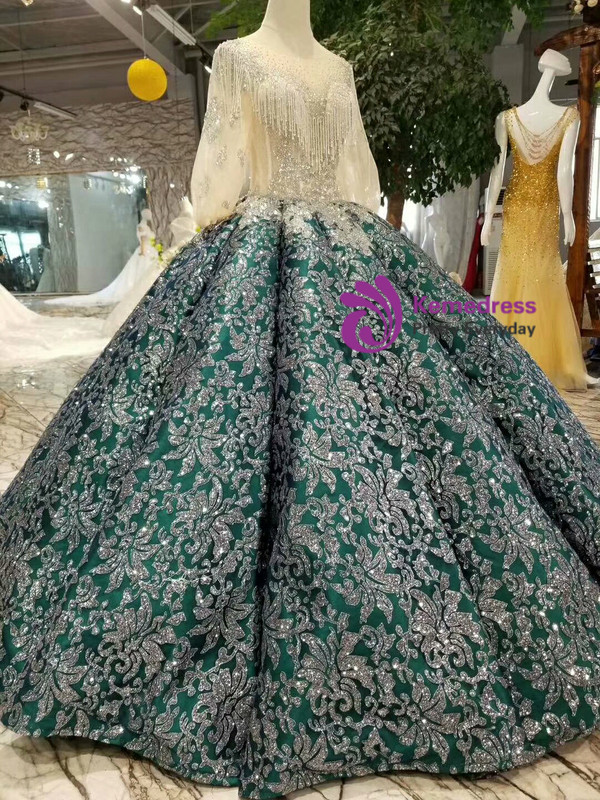 Green Ball Gown Sequins Appliques Puff Sleeve Wedding Dress With Beading