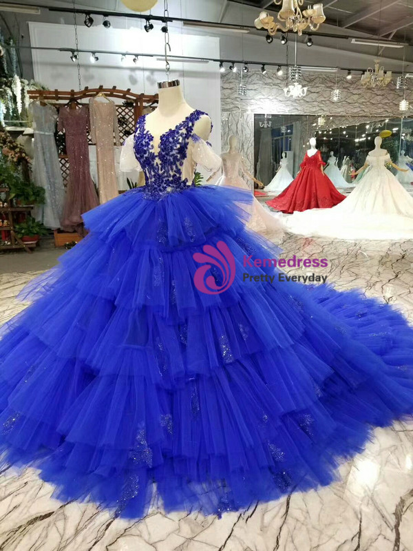 Royal Blue V-neck Tulle Appliques Cold Shoulder Puff Sleeve Wedding Dress