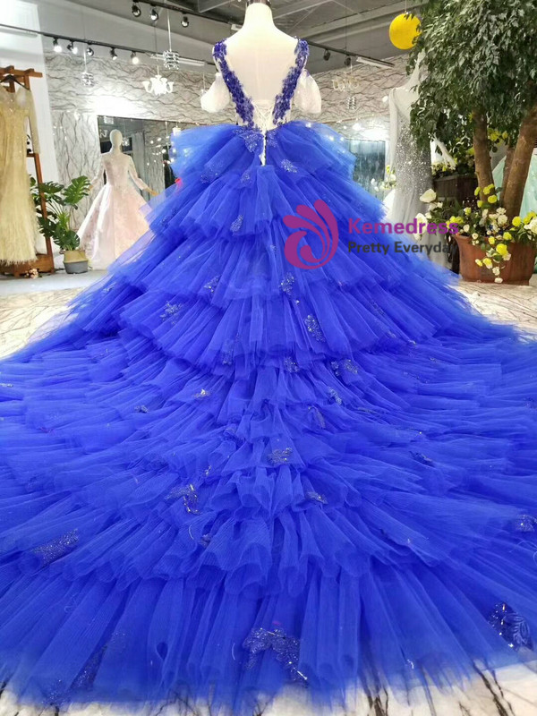 Royal Blue V-neck Tulle Appliques Cold Shoulder Puff Sleeve Wedding Dress