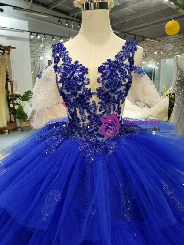 Royal Blue V-neck Tulle Appliques Cold Shoulder Puff Sleeve Wedding Dress