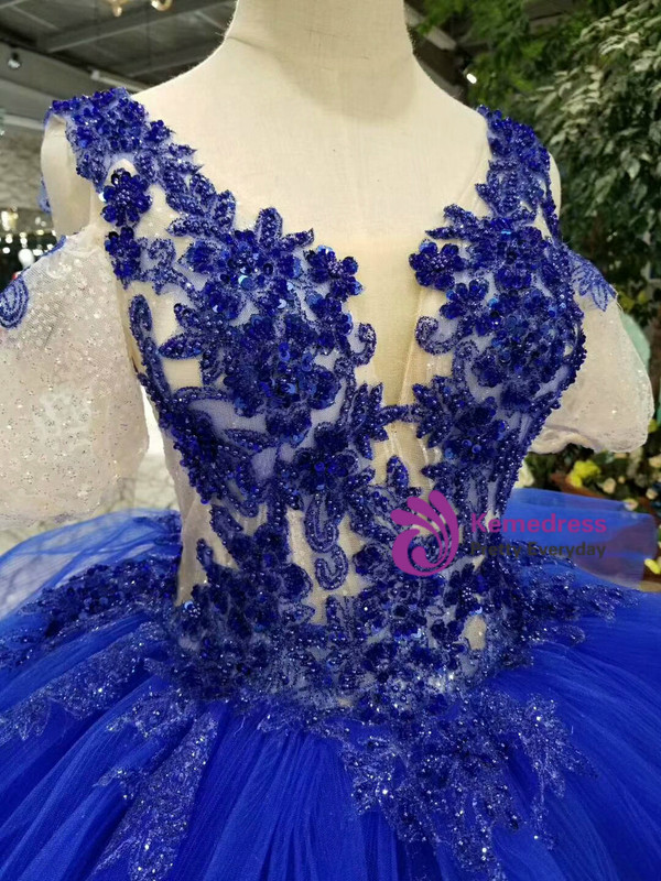Royal Blue V-neck Tulle Appliques Cold Shoulder Puff Sleeve Wedding Dress