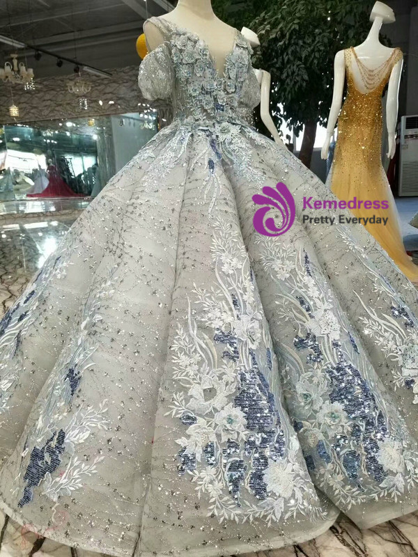 Silver Gray Sequins V-neck Backless Puff Sleeve Appliques Wedding Dress