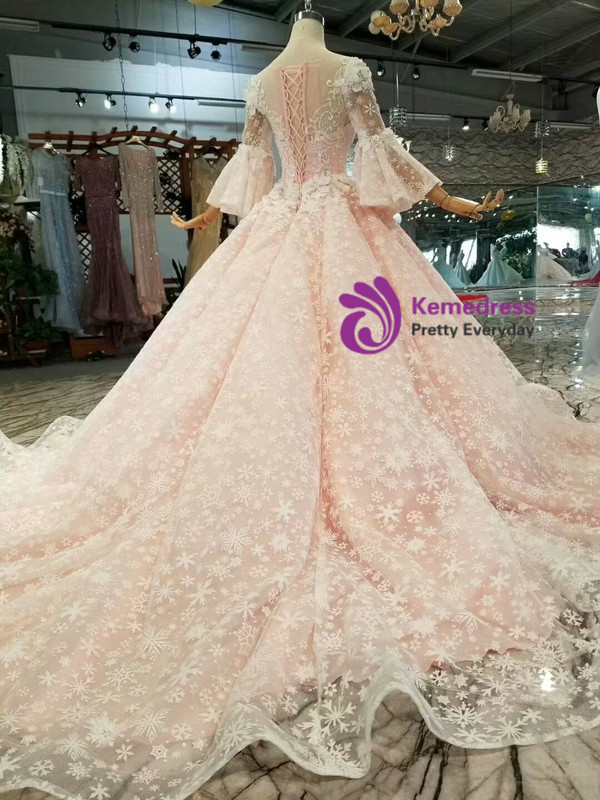 Pink Ball Gown Butterfly Appliques Wedding Dress With Beading