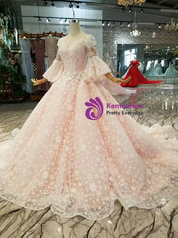 Pink Ball Gown Butterfly Appliques Wedding Dress With Beading