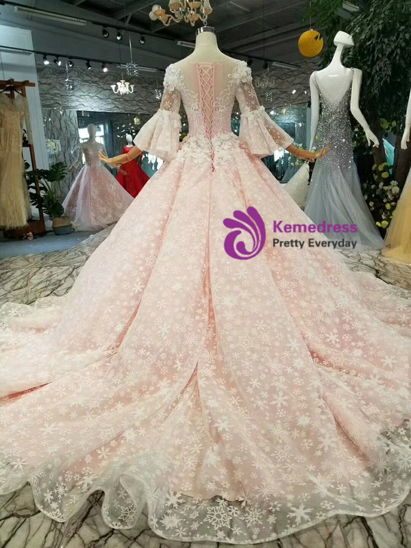 Pink Ball Gown Butterfly Appliques Wedding Dress With Beading