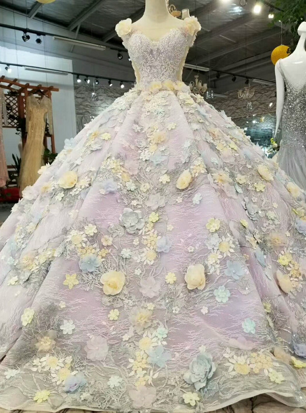 Purple Ball Gown See Through V-neck Sexy Back Appliques Haute Couture Wedding Dresses