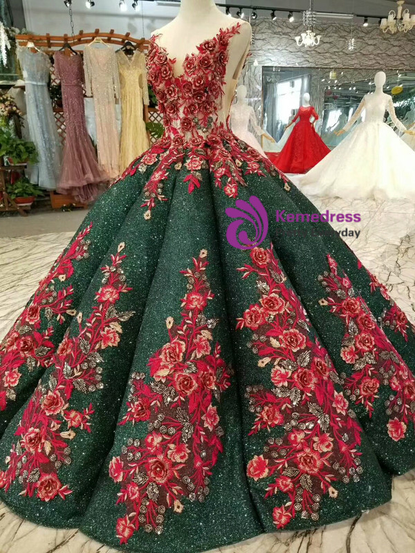 Green Ball Gown Sequins Deep V-neck Backless Red Appliques Wedding Dress