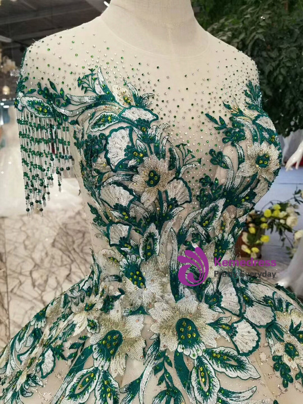 Champagne Sequins Green Embroidery Appliques Cap Sleeve Wedding Dress