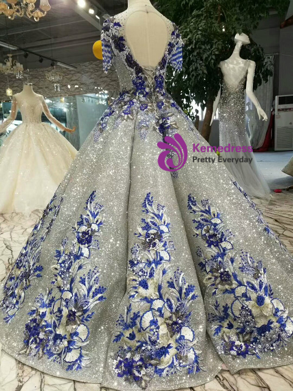 Silver Gray Sequins Cap Sleeve Embroidery Appliques Backless Wedding Dress