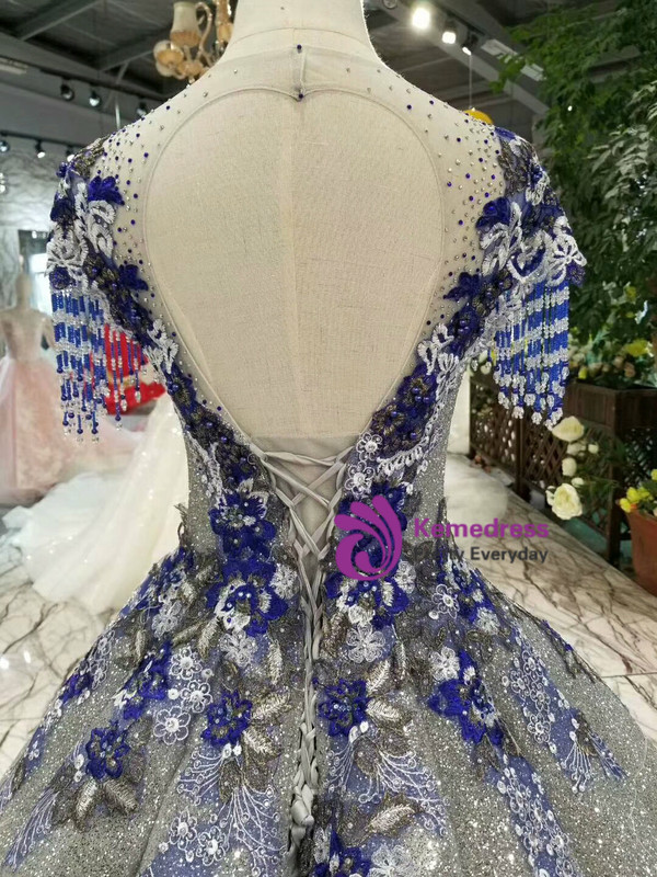 Silver Gray Sequins Cap Sleeve Embroidery Appliques Backless Wedding Dress