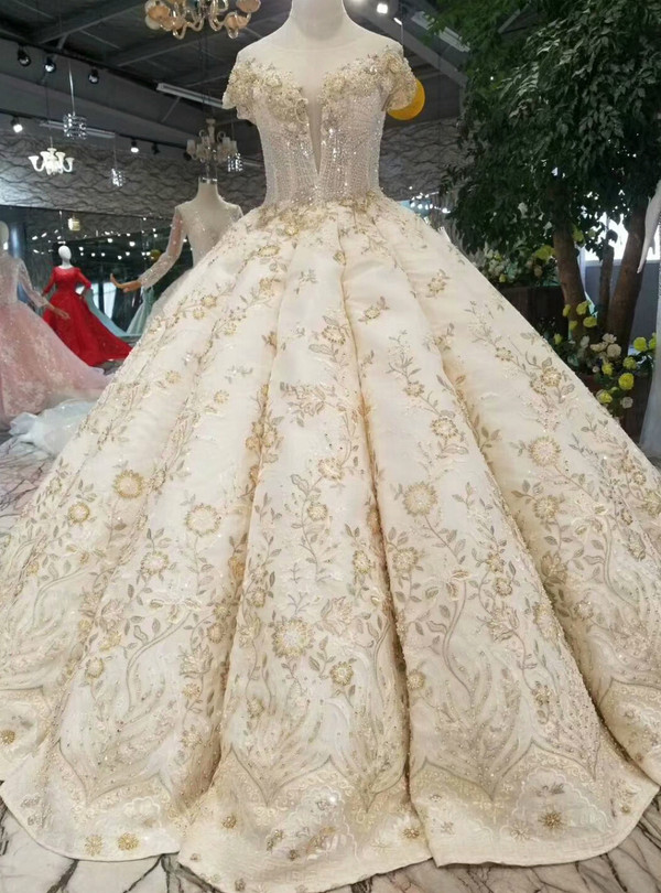 Champagne Ball Gown Lace Appliques Cap Sleeve Backless Wedding Dress With beading