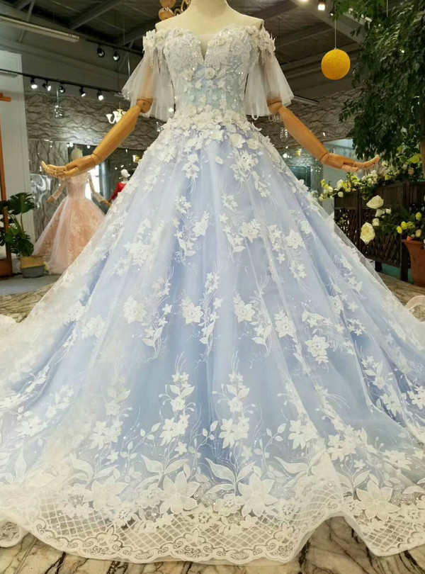 Blue Ball Gown Lace Off The Shoulder Butterfly Sleeve Wedidng Dress With Beading
