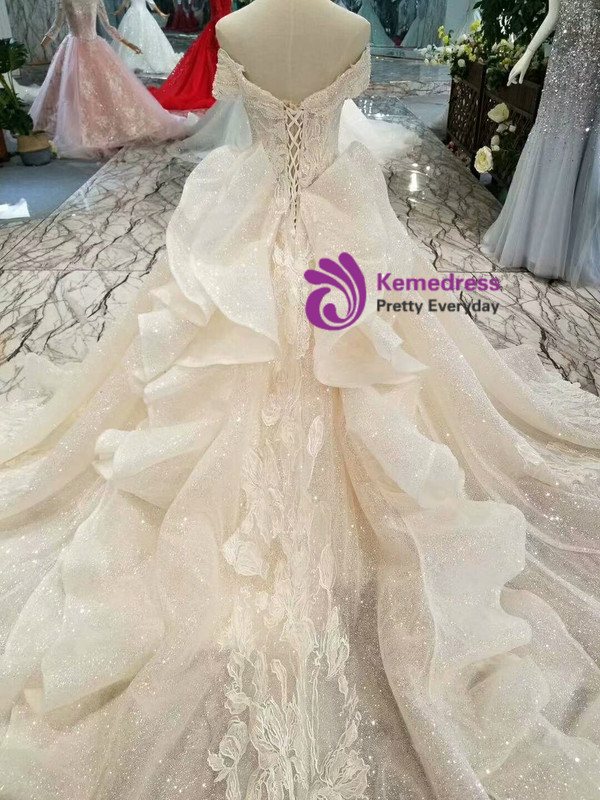 Light Champagne Sequins Off The Shoulder Appliques Wedding Dress With Long Train