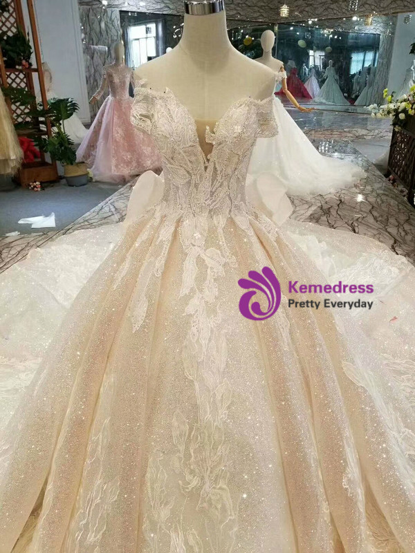 Light Champagne Sequins Off The Shoulder Appliques Wedding Dress With Long Train