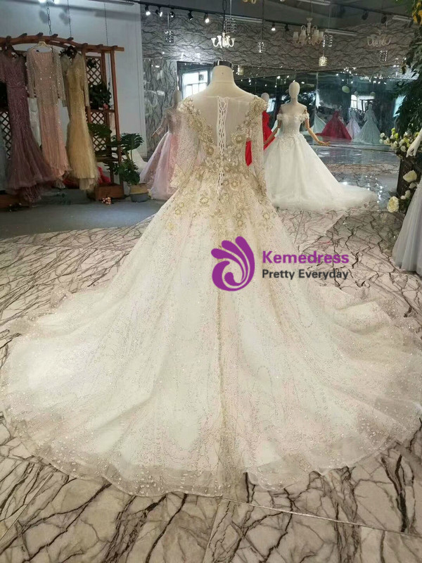 Light Champagne Sequins Long SLeeve Appliques Wedding Dress