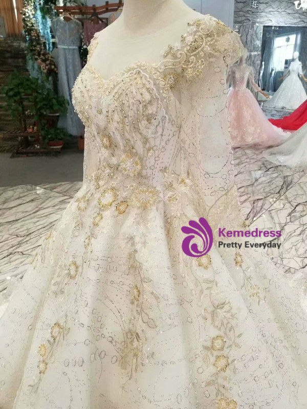 Light Champagne Sequins Long SLeeve Appliques Wedding Dress