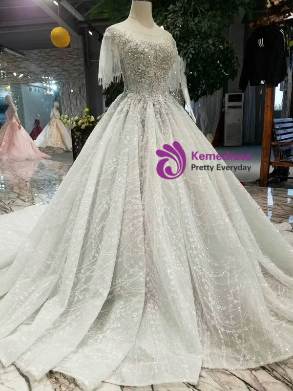 Silver Gray Sequins Bateau Neck Butterfly Sleeve Wedding Dress With Appliques
