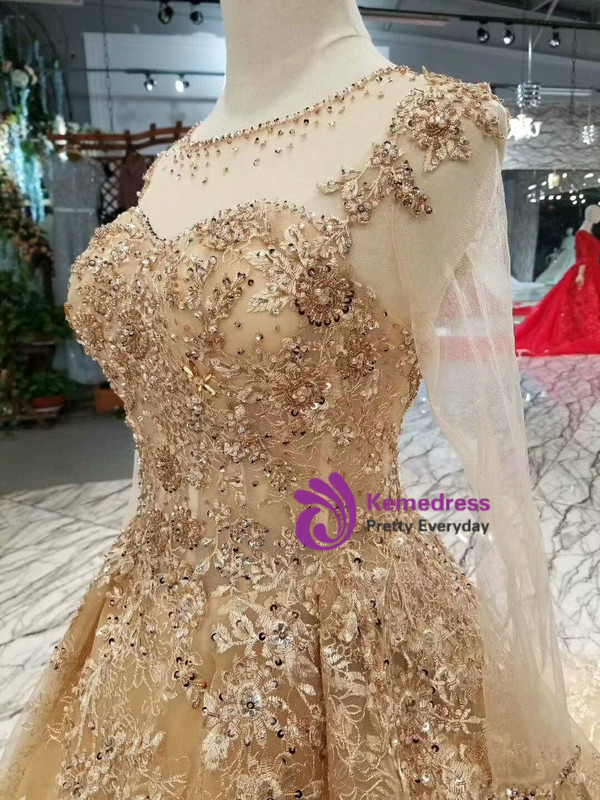 Champagne Gold Ball Gown Lace Long Sleeve Wedding Dress With Litter Train