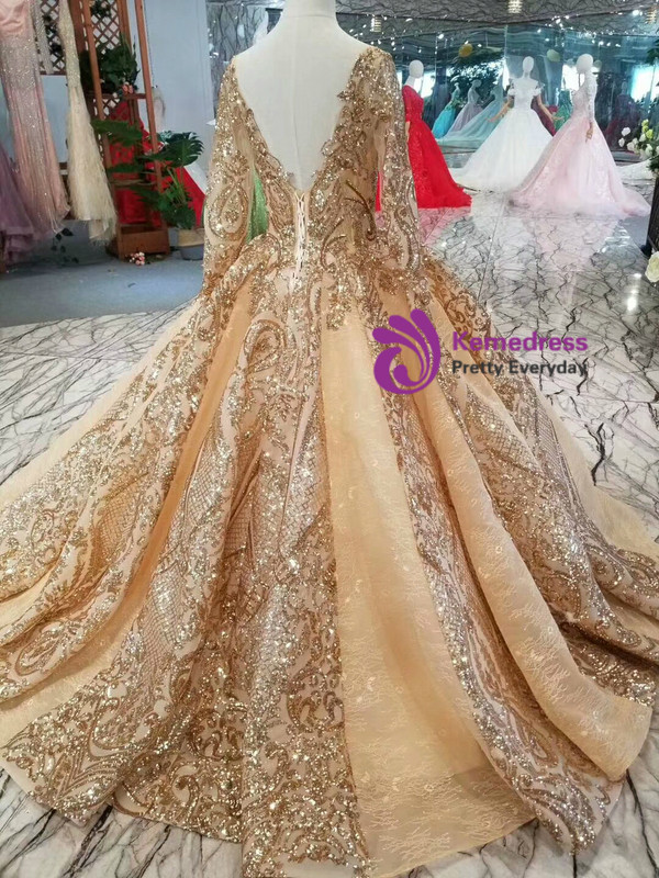 Luxury Gold Ball Gown Bateau Neck Long Sleeve Bling Bling Sequins Wedding Dress