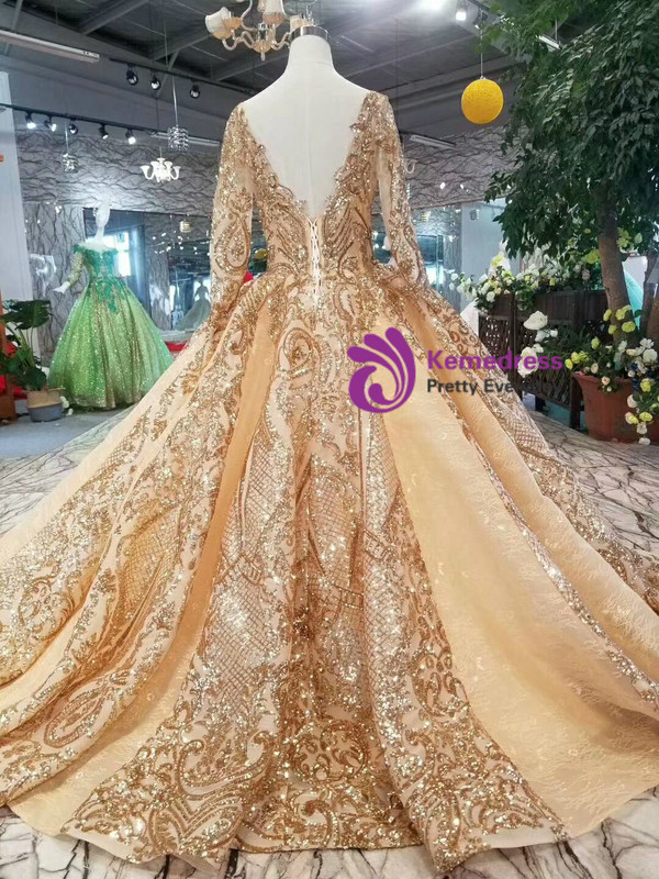 Luxury Gold Ball Gown Bateau Neck Long Sleeve Bling Bling Sequins Wedding Dress