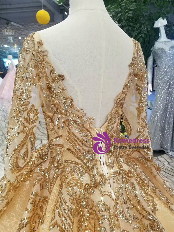 Luxury Gold Ball Gown Bateau Neck Long Sleeve Bling Bling Sequins Wedding Dress