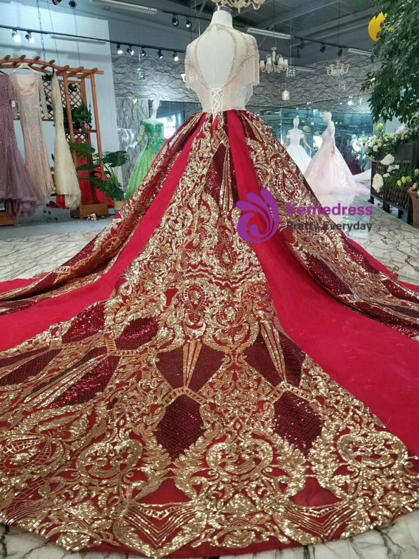 Luxury Red Ball Gown Sequins Bling Bling Backless With Beading Dress With Long Train