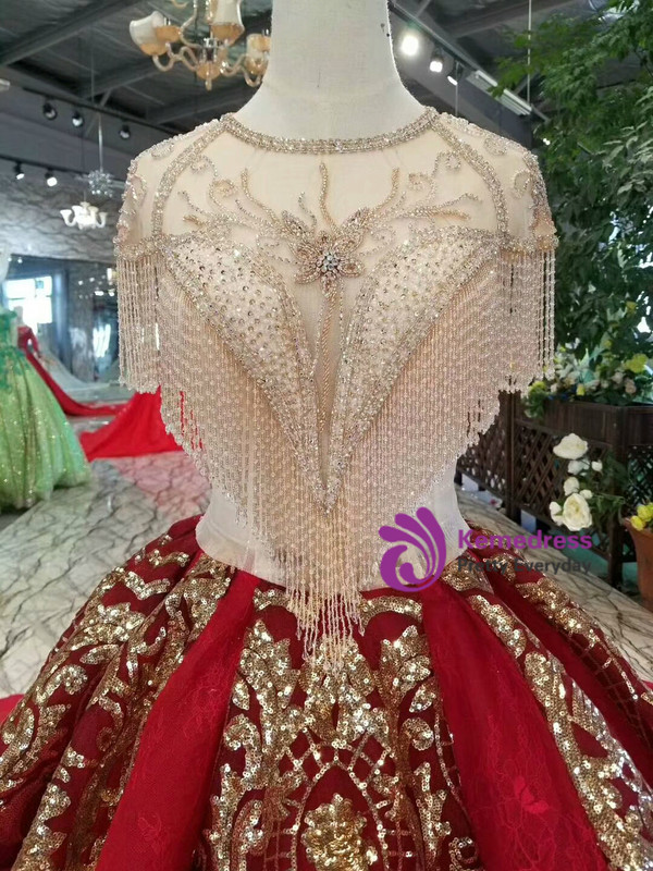 Luxury Red Ball Gown Sequins Bling Bling Backless With Beading Dress With Long Train