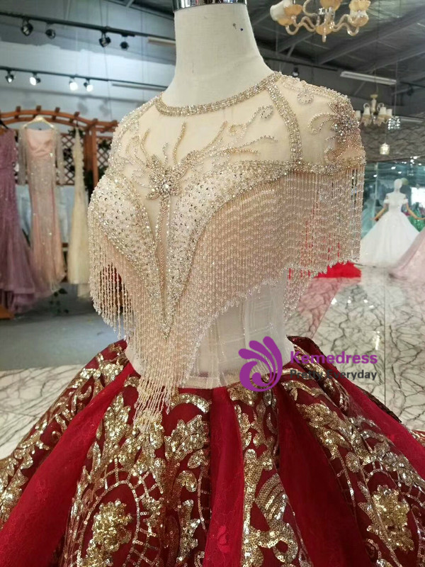 Luxury Red Ball Gown Sequins Bling Bling Backless With Beading Dress With Long Train