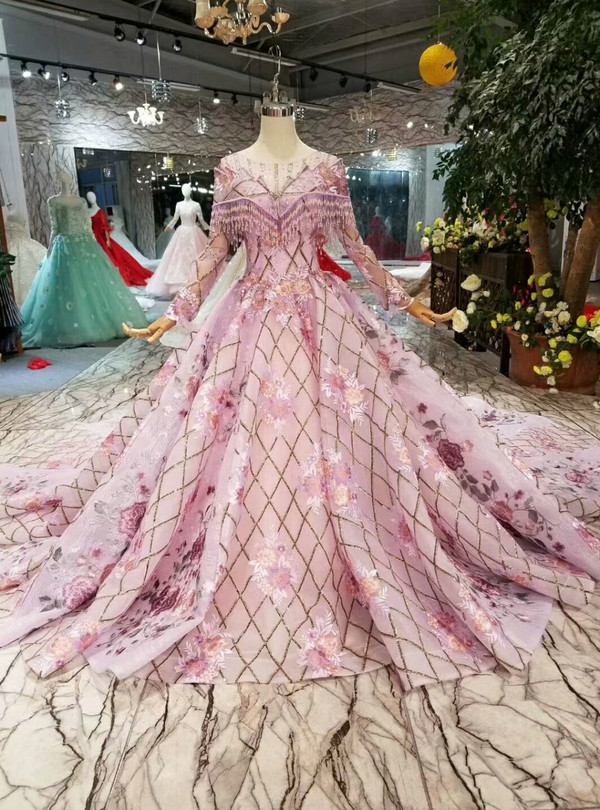 Purple Ball Gown Sequins Long Sleeve Embroidery Appliques Wedding Dress With Beading